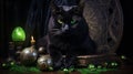 Black cat as witch's Familiar on the table with various witch attributes. Halloween concept. Generative AI Royalty Free Stock Photo