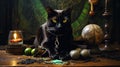 Black cat as witch's Familiar on the table with various witch attributes. Halloween concept. Generative AI Royalty Free Stock Photo