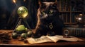 Black cat as witch's Familiar on the table with various witch attributes. Halloween concept. Generative AI Royalty Free Stock Photo