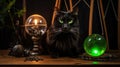 Black cat as witch's Familiar on the table with various witch attributes. Halloween concept. Generative AI Royalty Free Stock Photo