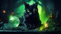 Black cat as witch's Familiar on the table with various witch attributes. Halloween concept. Generative AI Royalty Free Stock Photo