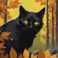 Black cat on the background of the autumn forest Royalty Free Stock Photo