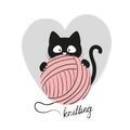 Black cat with a ball of wool. Knitting vector illustration