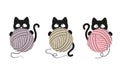 Black cat with a ball of yarn. Knitting set Royalty Free Stock Photo