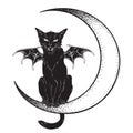 Black cat with bat wings sitting on the crescent moon isolated line art and dotwork vector illustration. Witches familiar spirit a