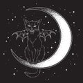 Black cat with bat wings sitting on the crescent moon isolated line art and dotwork vector illustration. Witches familiar spirit a Royalty Free Stock Photo