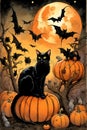 Black cat bats yellow pumpkin moon graphic illustration