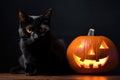 black cat behind a glowing jackolantern