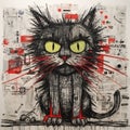 Black Cat With Red Eyes A Graffiti Art Poster Inspired By Printmaking And Wire Sculptures Royalty Free Stock Photo