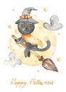 Watercolor premade card happy halloween with black cat on broomstick, witch hat, moon, stars Royalty Free Stock Photo