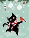 A cute black cat is holding a winter bullfinch bird in its paw. Festive New Year card