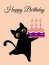 Happy birthday greeting card. Black cute cat congratulates with a cake with candles. Royalty Free Stock Photo