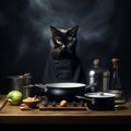 Black cat cooking in kitchen with various pots and pans Royalty Free Stock Photo