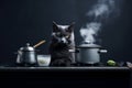 Black cat cooking in kitchen with various pots and pans Royalty Free Stock Photo