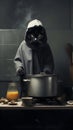 Black cat cooking in kitchen with various pots and pans Royalty Free Stock Photo