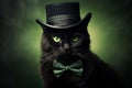 Black cat in cylinder hat and bow tie on dark green background. Funny serious pet.