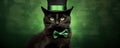 Black cat in cylinder hat and bow tie on dark green background. Funny serious pet.