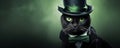 Black cat in cylinder hat and bow tie on dark green background. Funny serious pet.