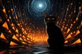 Black cat in a dark tunnel with orange triangles, AI