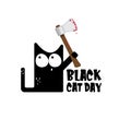 Black cat day funky banner with black cat holding bloody axe isolated on white background. Black cat day funky concept Royalty Free Stock Photo