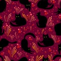 Black cat in different poses on a background of flowers, grass and dark crimson background, seamless pattern. Vector surreal