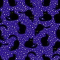 Black cat in different poses on a background of stars and dark blue background, cute seamless pattern. Vector surreal texture with