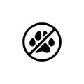 Black cat or dog trace in crossed circle. Forbidden, unallowed sign. No animal concept