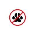 Black cat or dog trace in red crossed circle. Forbidden, unallowed sign. No animal concept Royalty Free Stock Photo