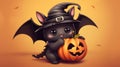 A black cat dressed as a witch holding a pumpkin. Generative AI image. Royalty Free Stock Photo