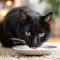 Black cat drinking water from a dish, close-up view. Royalty Free Stock Photo
