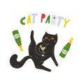 The black cat drinks a martini with its paw raised. Cute vector illustration. A bright, fun print with a cute funny cat