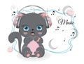 Black cat in earphones and gifts