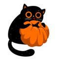 Black cat eating pumpkin. Funny Kawaii smiling animal. Baby halloween card. Cute cartoon funny character. White