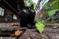 A black cat exploring an abandoned, graffiti-covered building, with broken windows and overgrown plants taking over the space Royalty Free Stock Photo