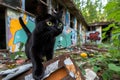 A black cat exploring an abandoned, graffiti-covered building, with broken windows and overgrown plants taking over the space Royalty Free Stock Photo