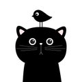 Black cat face head silhouette and bird. Cute cartoon character. Kawaii animal sticker. Baby card. Sad emotion. Pet collection. Royalty Free Stock Photo