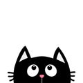 Black cat face head silhouette looking up. Cute cartoon character. Kawaii animal. Baby card. Pet collection. Flat design style. Royalty Free Stock Photo