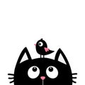 Black cat face head silhouette looking up to bird. Cute cartoon character. Kawaii animal. Baby card. Pet collection. Flat design s Royalty Free Stock Photo