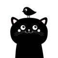 Black cat face head silhouette looking up to bird. Cute cartoon character. Kawaii animal sticker. Baby card. Happy emotion. Pet Royalty Free Stock Photo