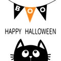 Black cat face head silhouette looking up to Bunting flags Boo letters. Flag garland. Happy Halloween card. Party decoration eleme Royalty Free Stock Photo