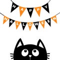 Black cat face head silhouette looking up to Bunting flags letters Happy Halloween. Flag garland. Party decoration element. Hangin Royalty Free Stock Photo