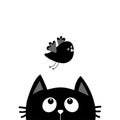 Black cat face head silhouette looking up to flying bird. Cute cartoon character. Kawaii animal. Baby card. Pet collection. Flat d Royalty Free Stock Photo