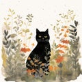 a black cat in a field of flowers - naive painting - generative AI