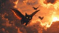 Black Cat with Fiery Wings Flying Through Dramatic Sunset Sky Royalty Free Stock Photo