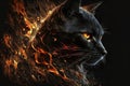 Black cat in fire with orange eyes on a dark background