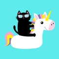 Black cat floating on white unicorn pool float water circle icon. Swimming pool water. Sunglasses. Lifebuoy. Cute cartoon kawaii