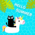 Black cat floating on white unicorn pool float water circle. Swimming pool water. Hello Summer. Top air view. Sunglasses. Lifebuoy