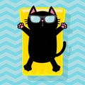 Black cat floating on yellow air pool water mattress. Cute cartoon relaxing character. Sunglasses. Summer time. Sea Ocean water wi Royalty Free Stock Photo