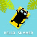 Black cat floating on yellow air pool water mattress. Hello Summer. Palm tree leaf. Cute cartoon relaxing character. Sunglasses. S Royalty Free Stock Photo