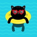 Black cat floating on yellow pool float water circle. Top air view. Hello Summer. Swimming pool sea ocean water. Heart sunglasses Royalty Free Stock Photo